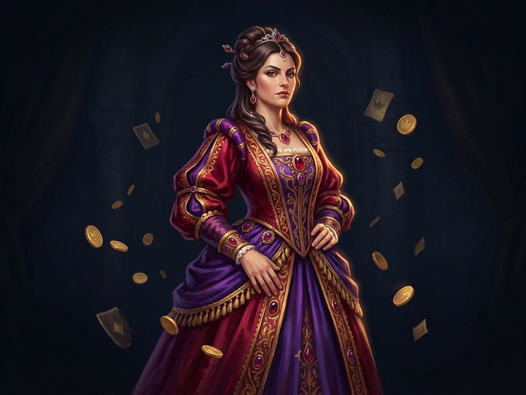 Regal figure in ornate crimson gown with gold coins